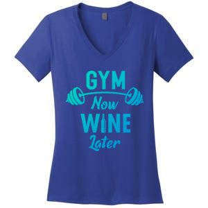 Gym Now Wine Later Funny Workout Weightlifting Barbell Cool Gift Women's V-Neck T-Shirt