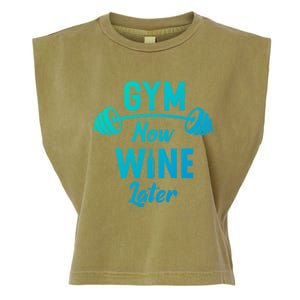 Gym Now Wine Later Funny Workout Weightlifting Barbell Cool Gift Garment-Dyed Women's Muscle Tee