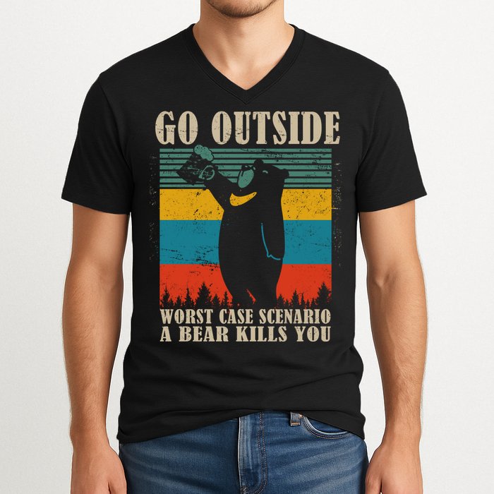Go Outside Worst Case Scenario A Bear Kills You V-Neck T-Shirt