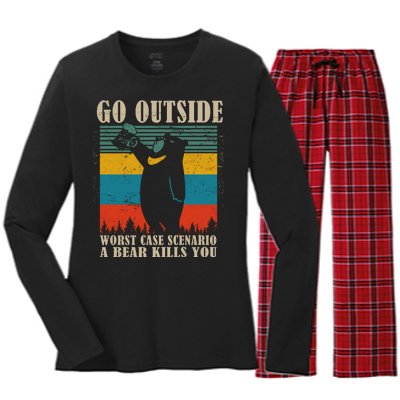 Go Outside Worst Case Scenario A Bear Kills You Women's Long Sleeve Flannel Pajama Set 