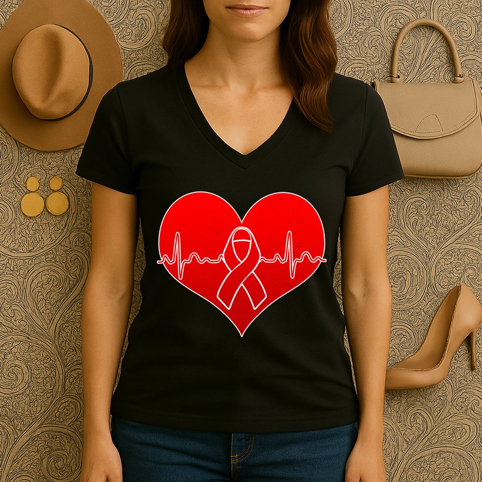 Go Red Heart Health Awareness Pulse Women's V-Neck T-Shirt