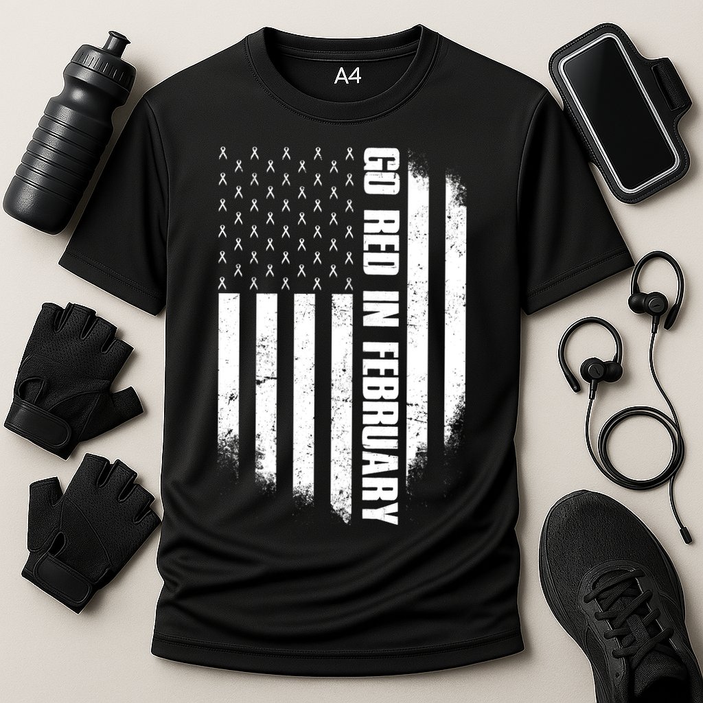 Go Red In February Heart Disease Awareness Flag Performance Shirt