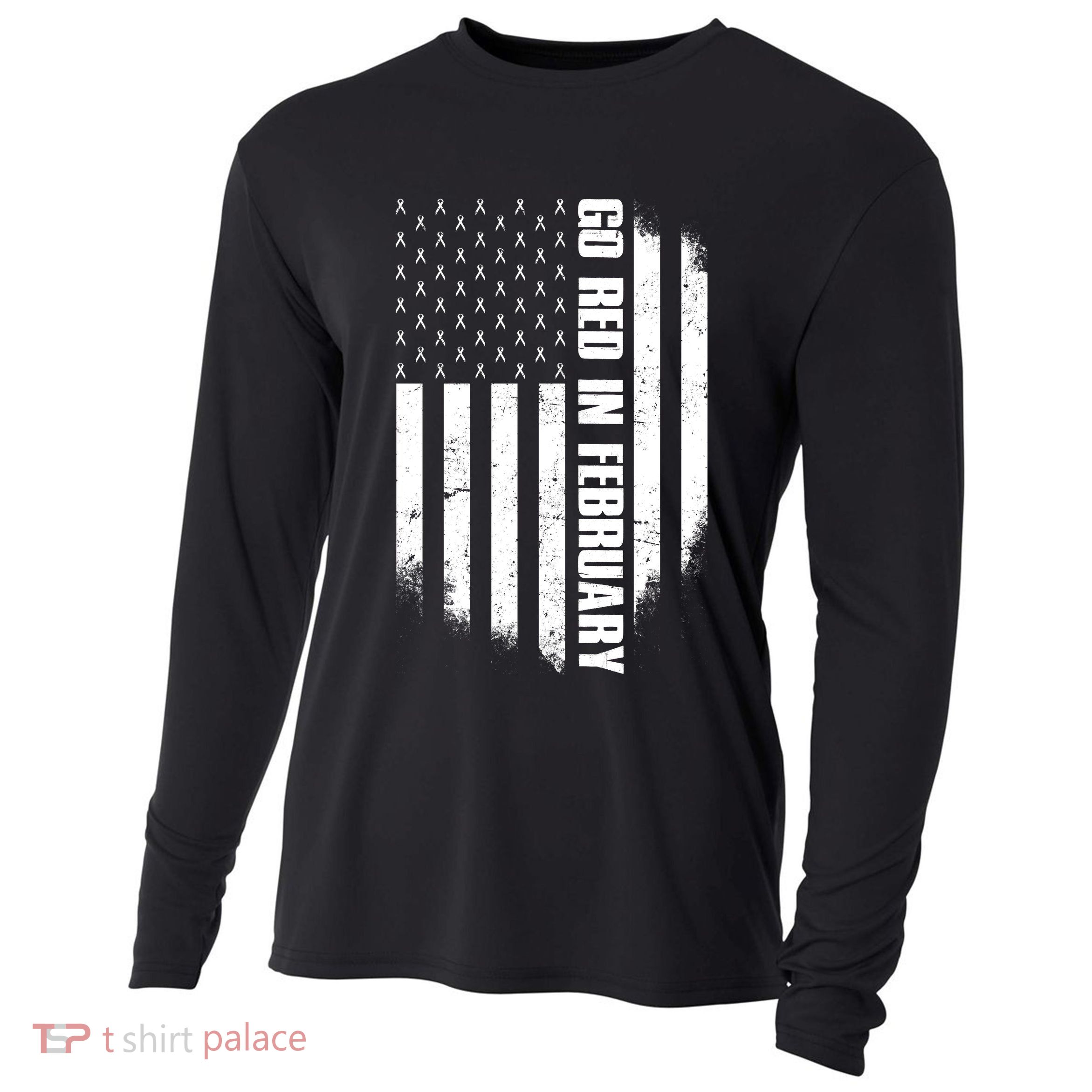 Go Red In February Heart Disease Awareness Flag Cooling Performance Long Sleeve Crew