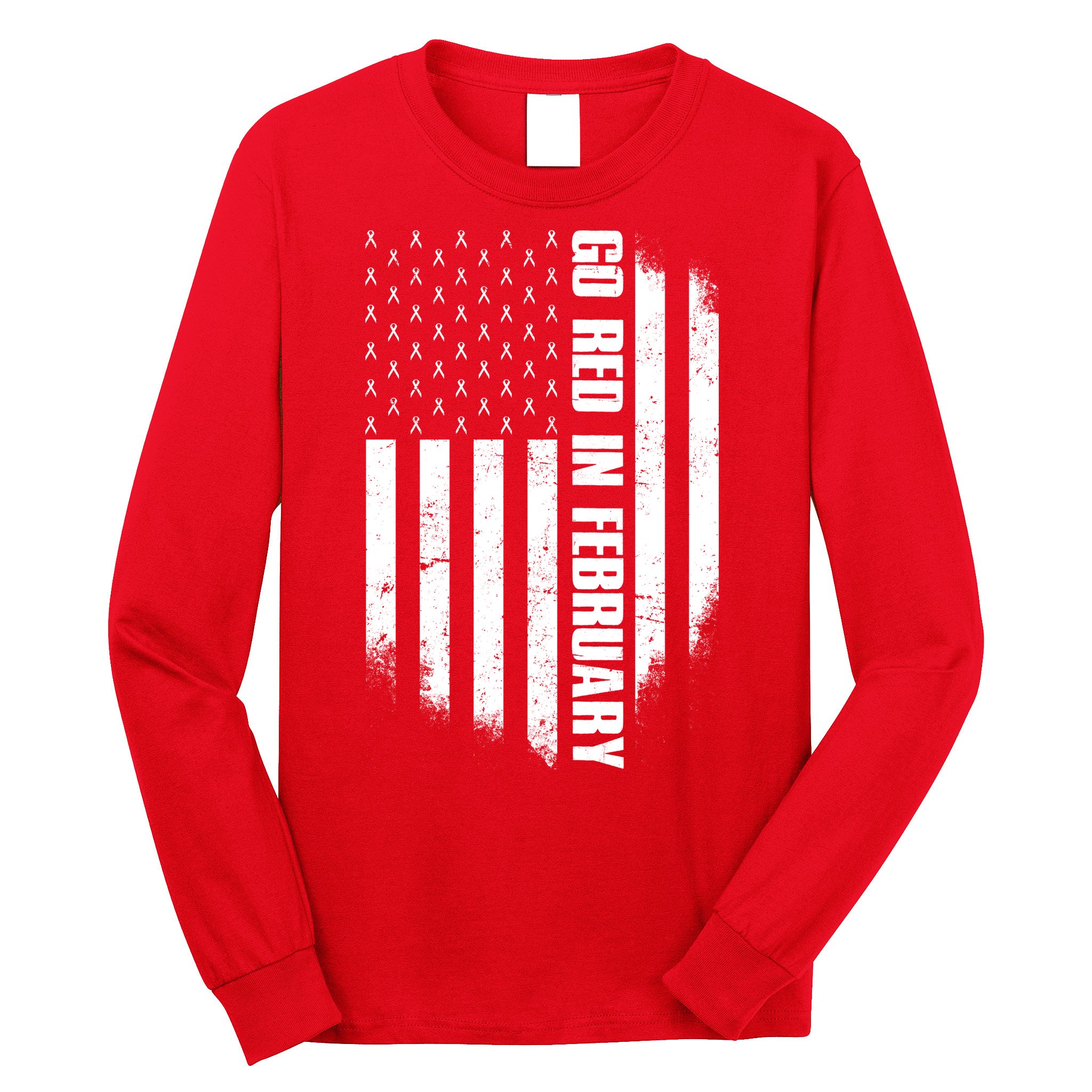 Go Red In February Heart Disease Awareness Flag Long Sleeve Shirt