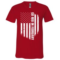 Go Red In February Heart Disease Awareness Flag V-Neck T-Shirt