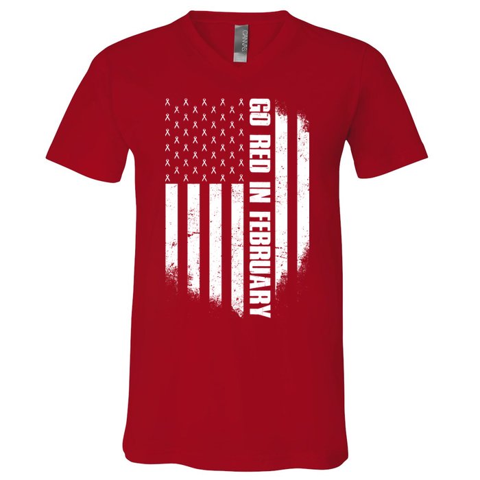 Go Red In February Heart Disease Awareness Flag V-Neck T-Shirt