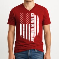 Go Red In February Heart Disease Awareness Flag V-Neck T-Shirt