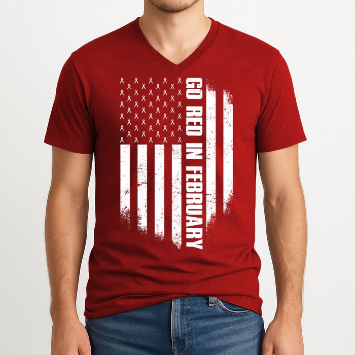 Go Red In February Heart Disease Awareness Flag V-Neck T-Shirt