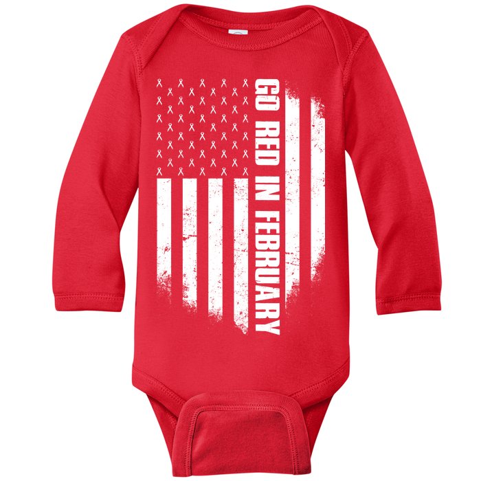 Go Red In February Heart Disease Awareness Flag Baby Long Sleeve Bodysuit