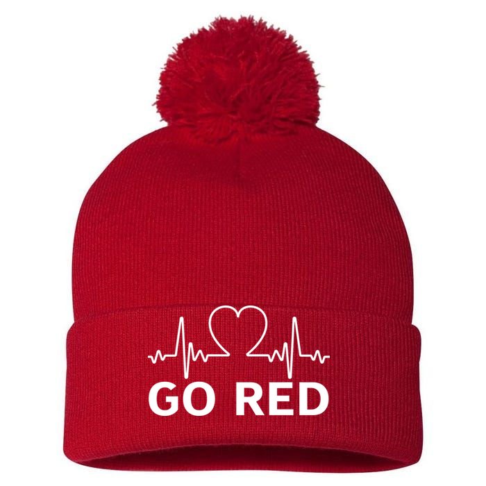 Go Red Pulse Heart Disease Awareness Pom Pom 12in Knit Beanie