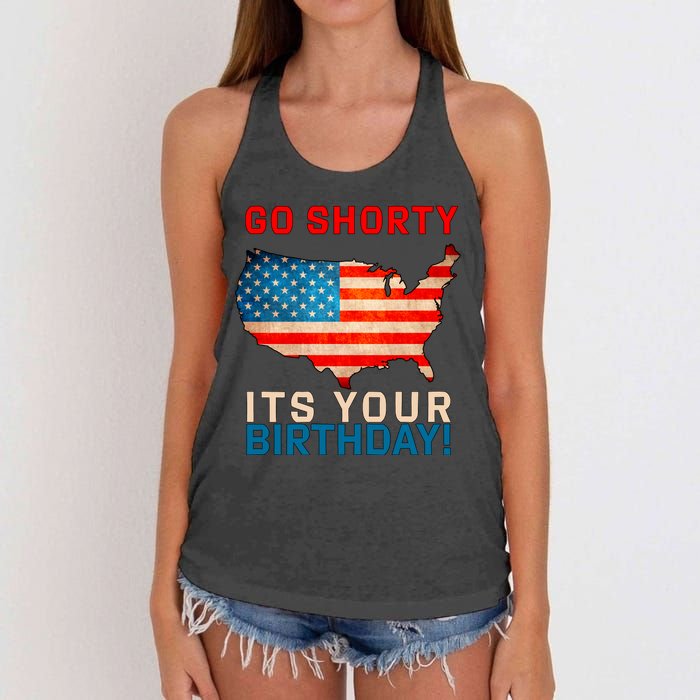 Go Shorty Its Your Birthday America 4th of July Women's Knotted Racerback Tank