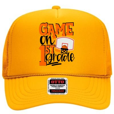 Game On 1St Grade Fun Basketball School Gift High Crown Mesh Back Trucker Hat