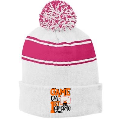 Game On 1St Grade Fun Basketball School Gift Stripe Pom Pom Beanie