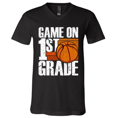 Game On 1st Grade Basketball Back To School First Grade Team V-Neck T-Shirt