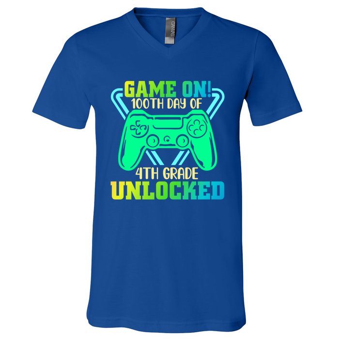 Game On 4Th Grade Unlocked Video Game Lover 100Th Days Gift V-Neck T-Shirt