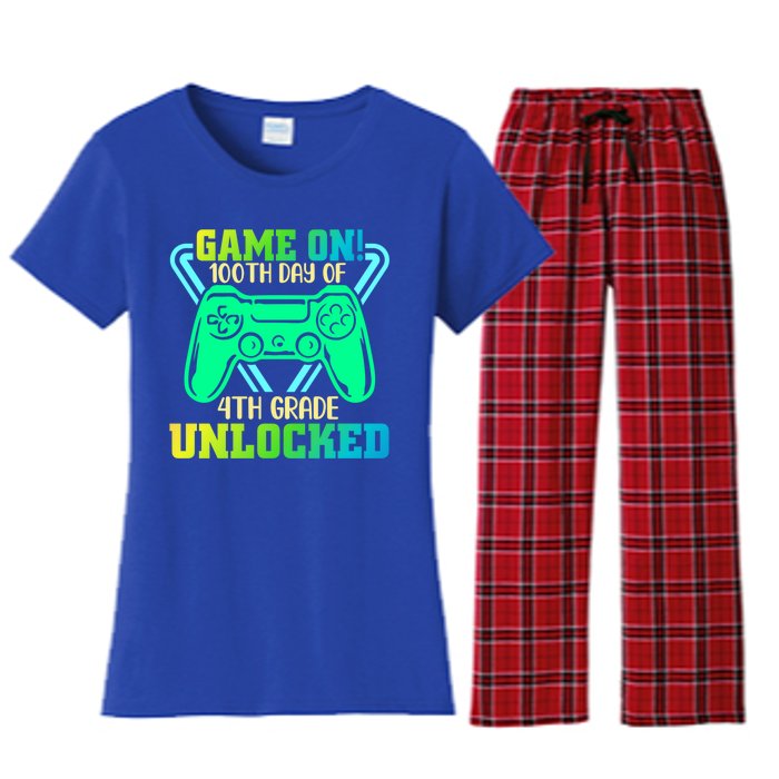 Game On 4Th Grade Unlocked Video Game Lover 100Th Days Gift Women's Flannel Pajama Set