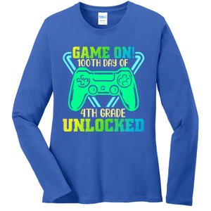 Game On 4Th Grade Unlocked Video Game Lover 100Th Days Gift Ladies Long Sleeve Shirt