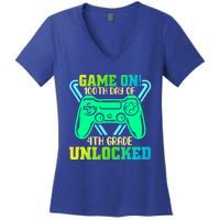 Game On 4Th Grade Unlocked Video Game Lover 100Th Days Gift Women's V-Neck T-Shirt