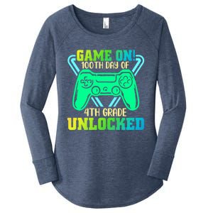 Game On 4Th Grade Unlocked Video Game Lover 100Th Days Gift Women's Perfect Tri Tunic Long Sleeve Shirt