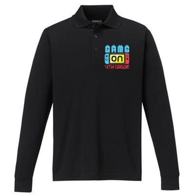 Game On 4th Grade Gaming Gamer Back To School Student Kids Performance Long Sleeve Polo