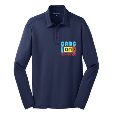 Game On 4th Grade Gaming Gamer Back To School Student Kids Silk Touch Performance Long Sleeve Polo