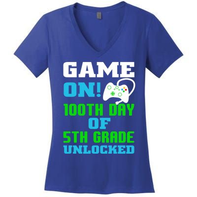 Game On 5Th Grade Unlocked Video Game Lover 100Th Days Funny Gift Women's V-Neck T-Shirt