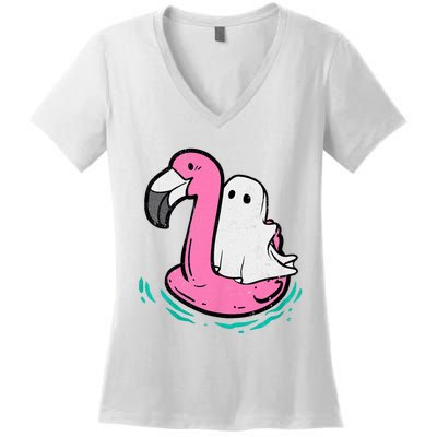 Ghost On A Pool Funny Spooky Summer Summerween Women's V-Neck T-Shirt