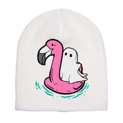 Ghost On A Pool Funny Spooky Summer Summerween Short Acrylic Beanie