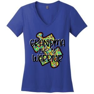 Grandma Of A Warrior Autism Awareness Acceptance Gift Great Gift Women's V-Neck T-Shirt