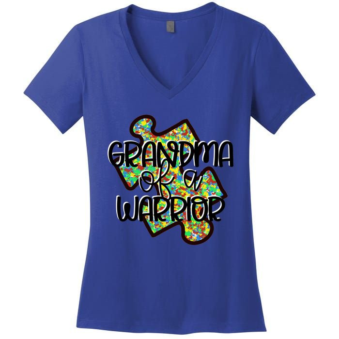 Grandma Of A Warrior Autism Awareness Acceptance Gift Great Gift Women's V-Neck T-Shirt