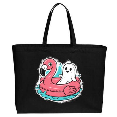 Ghost On A Pool Funny Spooky Summer Summerween Halloween Cotton Canvas Jumbo Tote