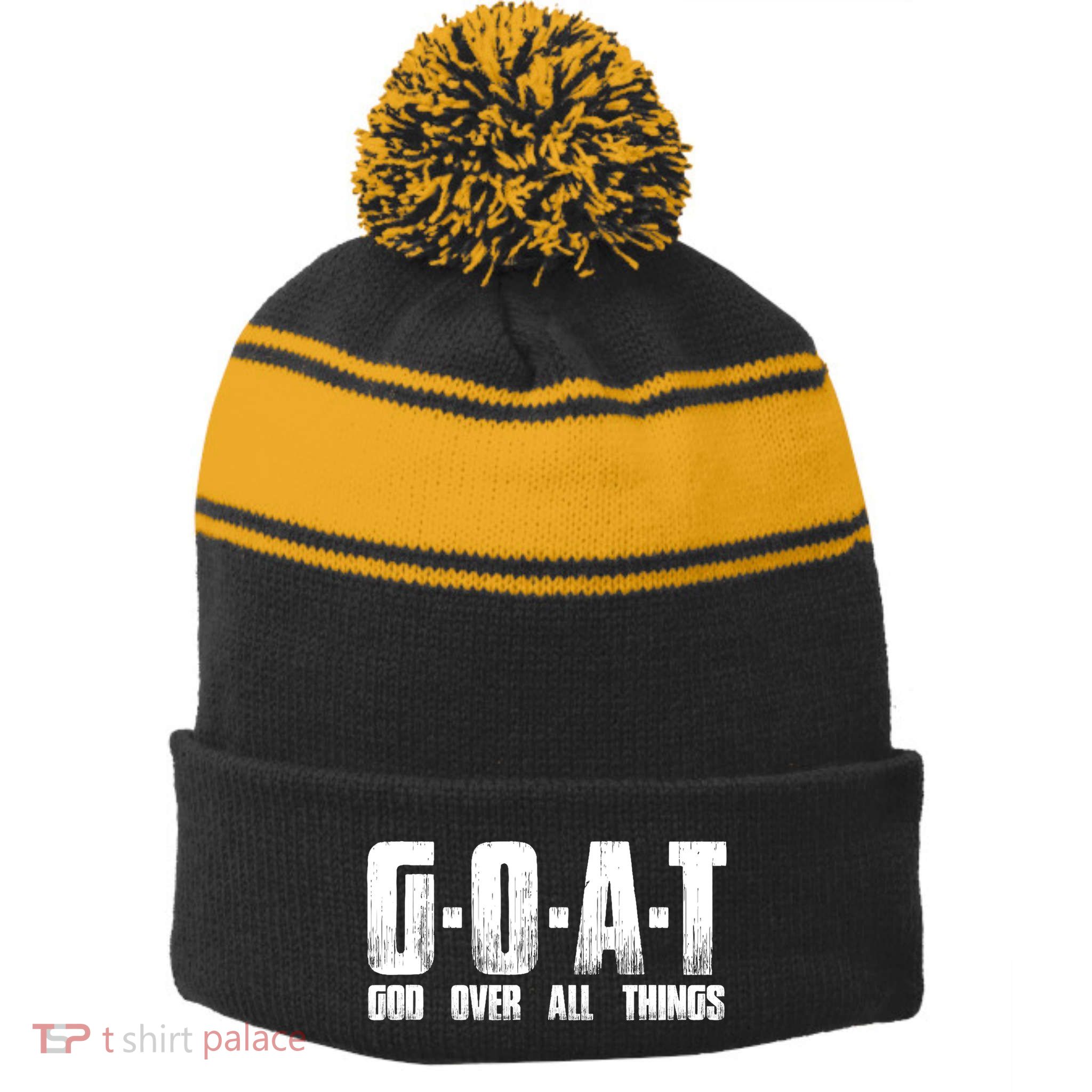 G O A T God Over All Thing Man Of God Goat Christian Thing Stripe Pom Pom Beanie