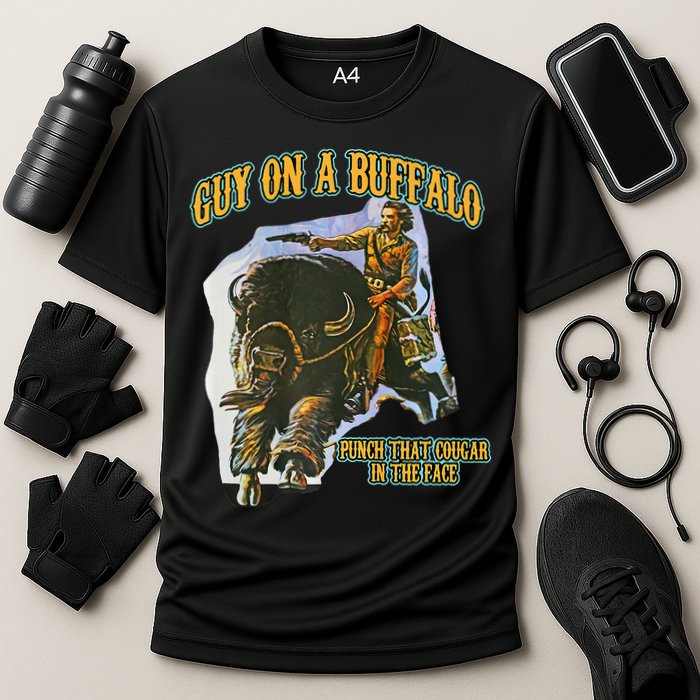 Guy On A Buffalo Punch That Cougar In The Face Cooling Performance Crew T-Shirt