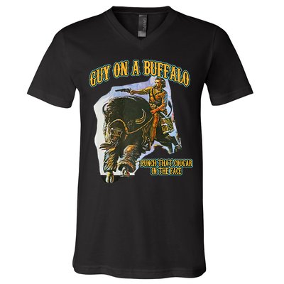 Guy On A Buffalo Punch That Cougar In The Face V-Neck T-Shirt