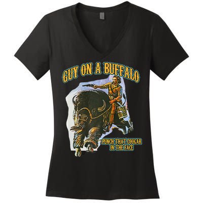 Guy On A Buffalo Punch That Cougar In The Face Women's V-Neck T-Shirt