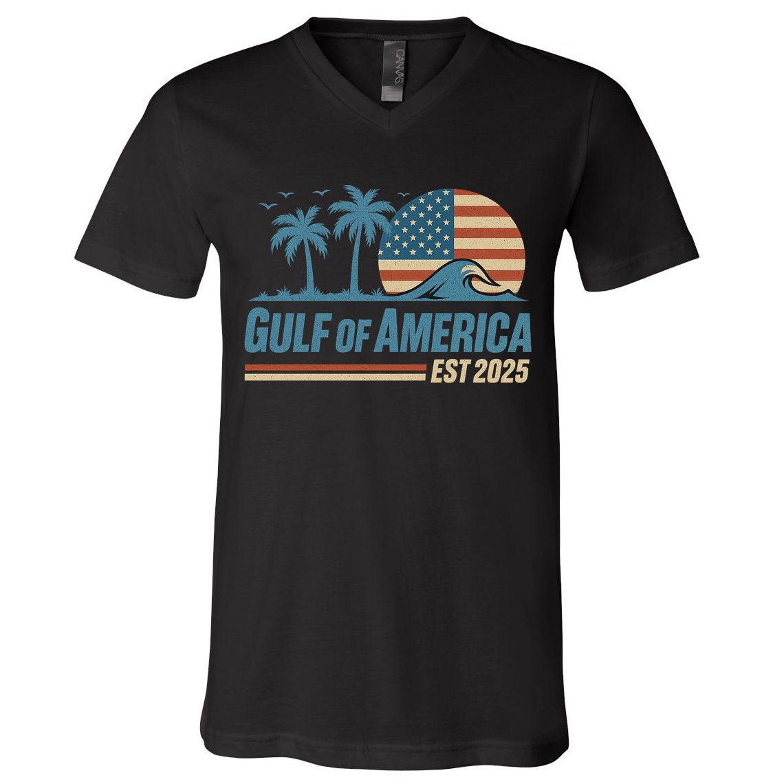 Gulf Of America Est 2025 Retro Vintage Beach Wave V-Neck T-Shirt