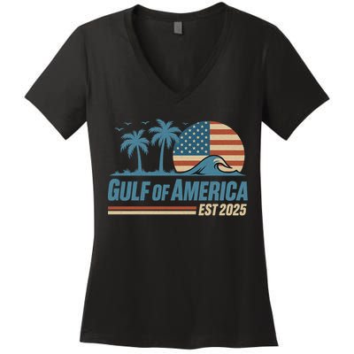 Gulf Of America Est 2025 Retro Vintage Beach Wave Women's V-Neck T-Shirt