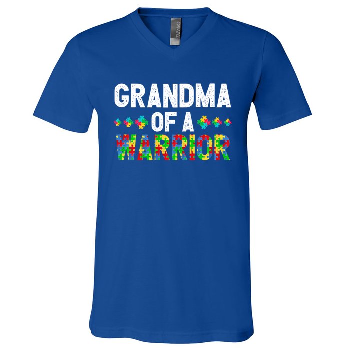 Grandma Of A Warrior Proud Grandma Autism Gift V-Neck T-Shirt