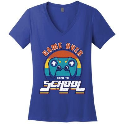 Game Over Back To School Funny Gamer Console Video Game Cute Gift Women's V-Neck T-Shirt