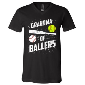 Grandma Of Ballers Funny Baseball Softball Mothers Day Gift V-Neck T-Shirt