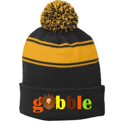 Gobble Cute Turkey Thanksgiving Stripe Pom Pom Beanie