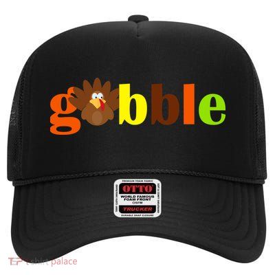 Gobble Cute Turkey Thanksgiving High Crown Mesh Back Trucker Hat