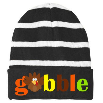 Gobble Cute Turkey Thanksgiving Striped Beanie with Solid Band