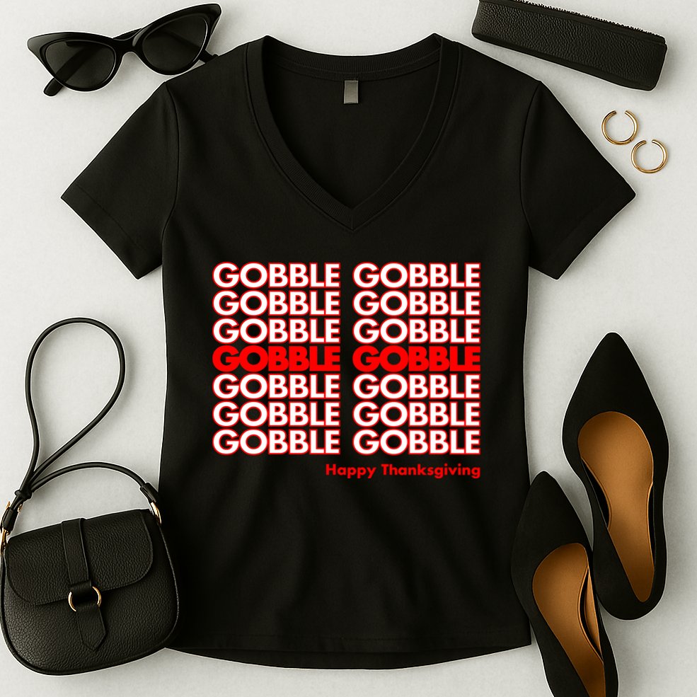 Gobble Gobble Retro Happy Thanksgiving Women's V-Neck T-Shirt