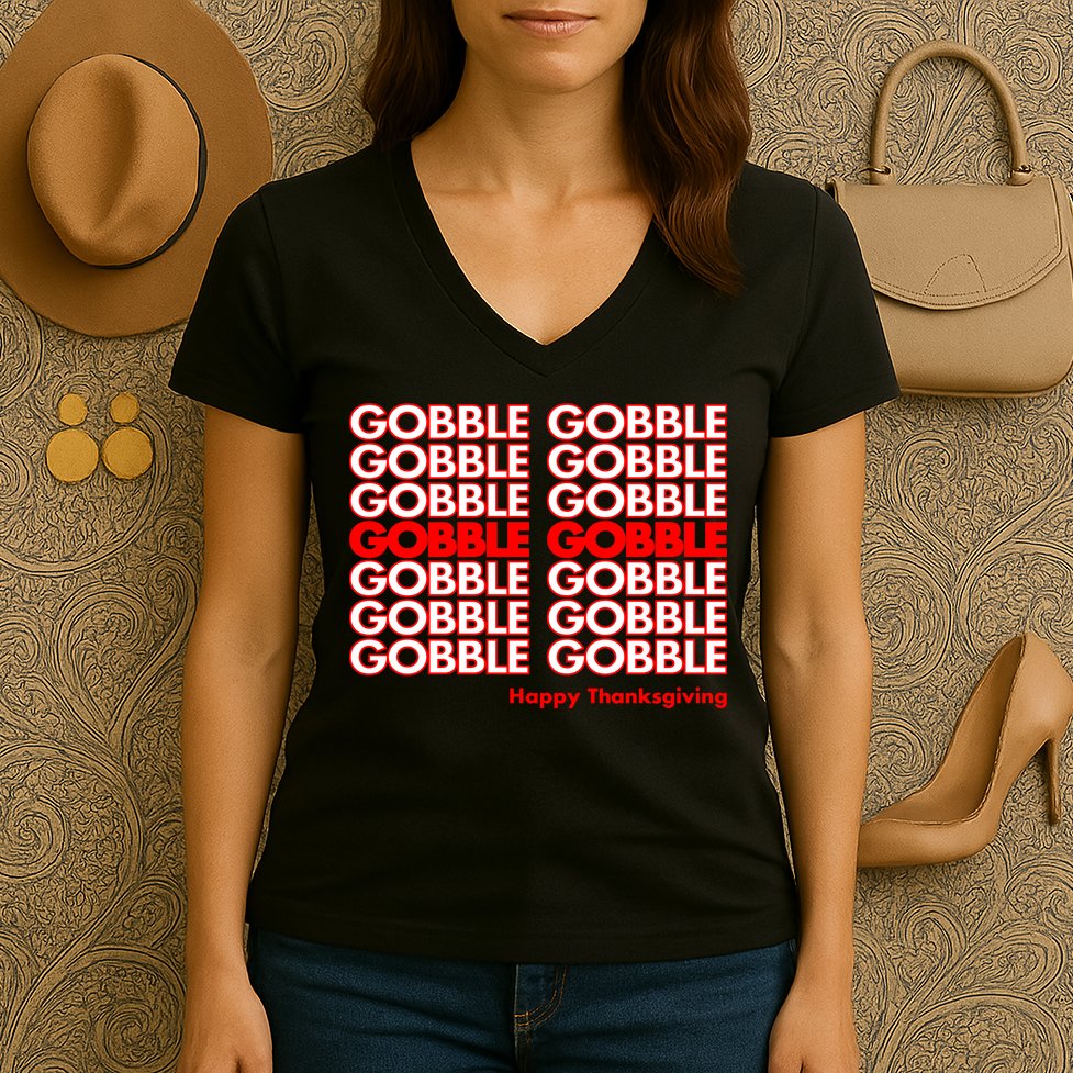 Gobble Gobble Retro Happy Thanksgiving Women's V-Neck T-Shirt