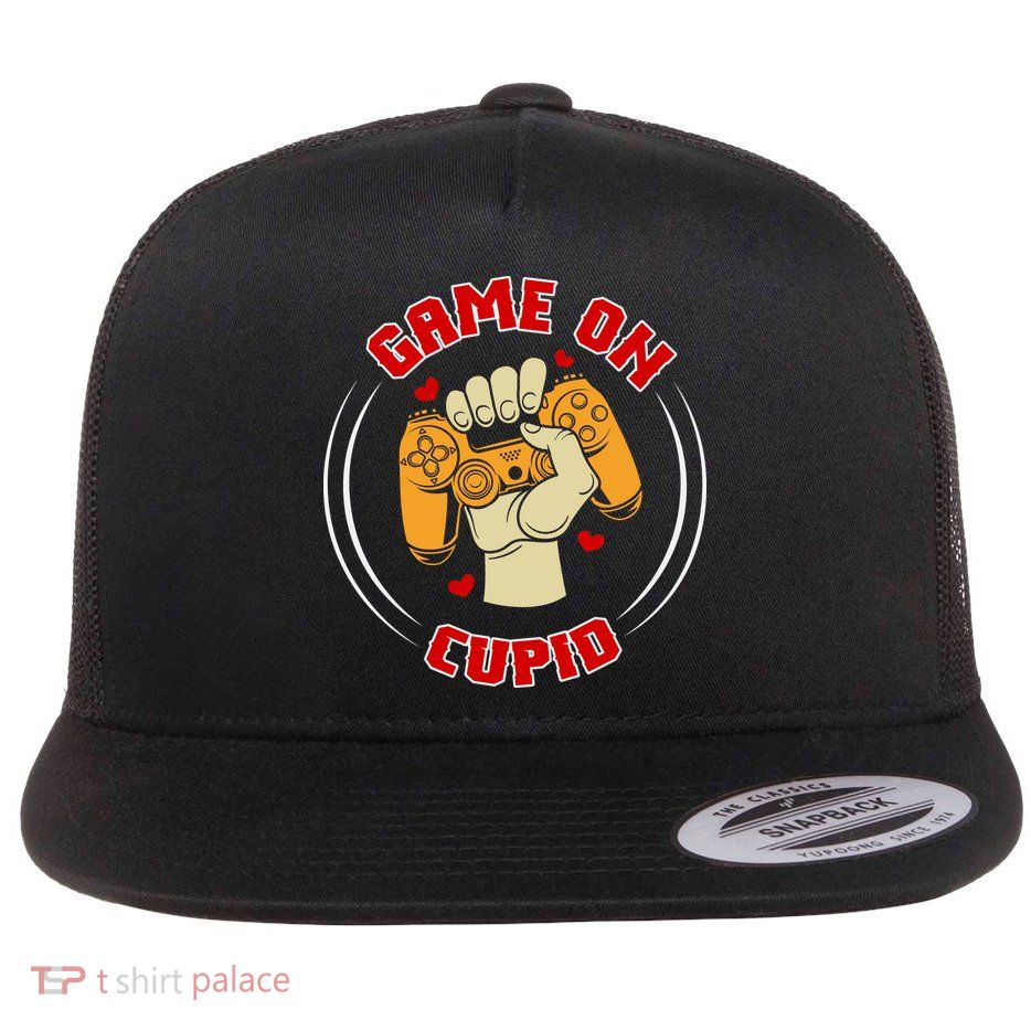 Game On Cupid Video Gaming Valentine Flat Bill Trucker Hat