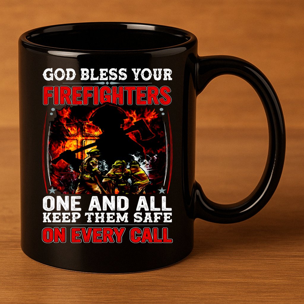 God Bless Firefighters 11oz C Handle Ceramic Mug
