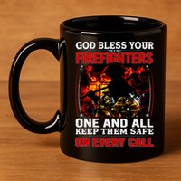 God Bless Firefighters 11oz C Handle Ceramic Mug