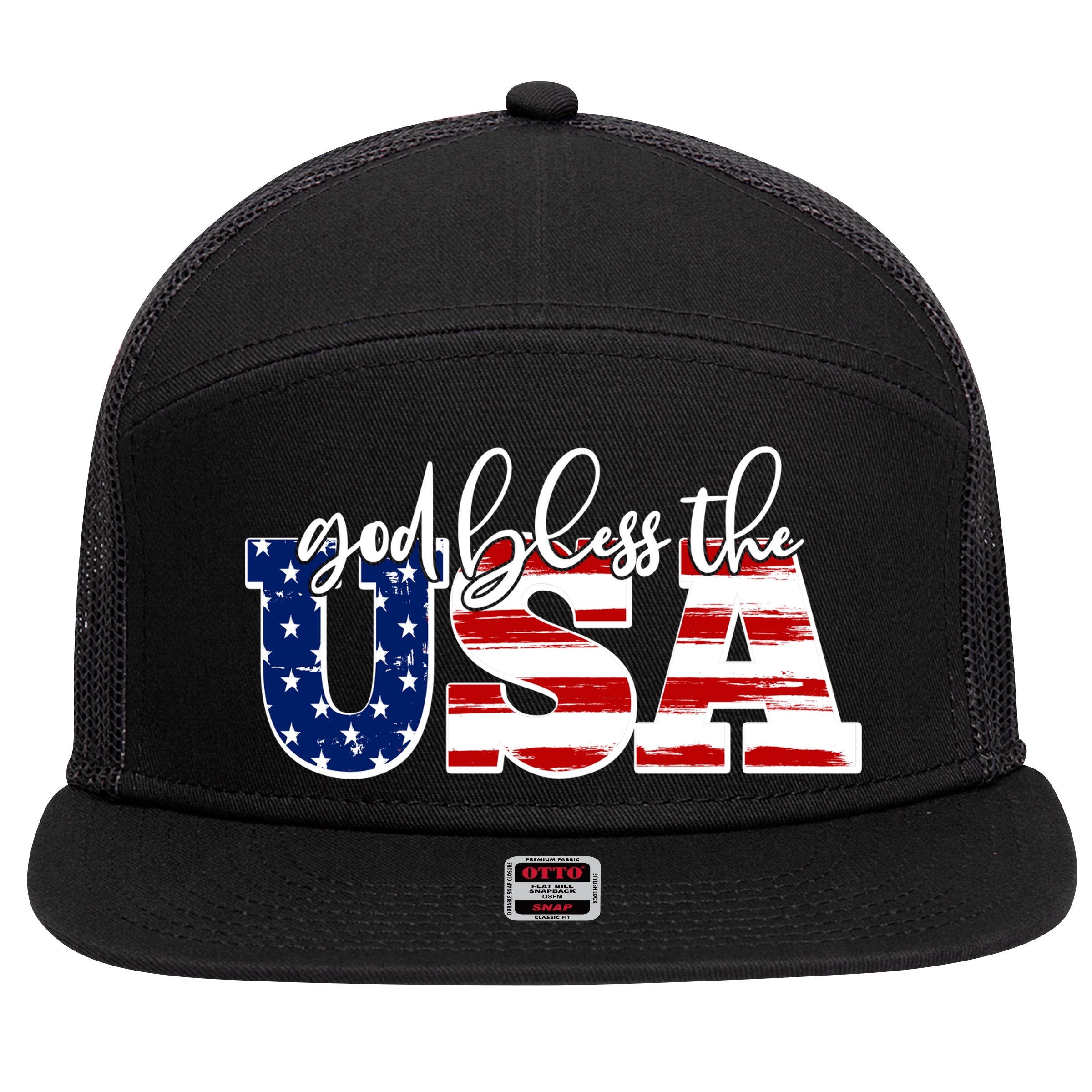 God Bless The USA American Flag 7 Panel Mesh Trucker Snapback Hat