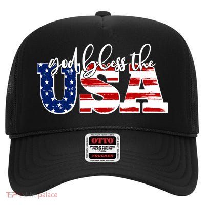 God Bless The USA American Flag High Crown Mesh Back Trucker Hat